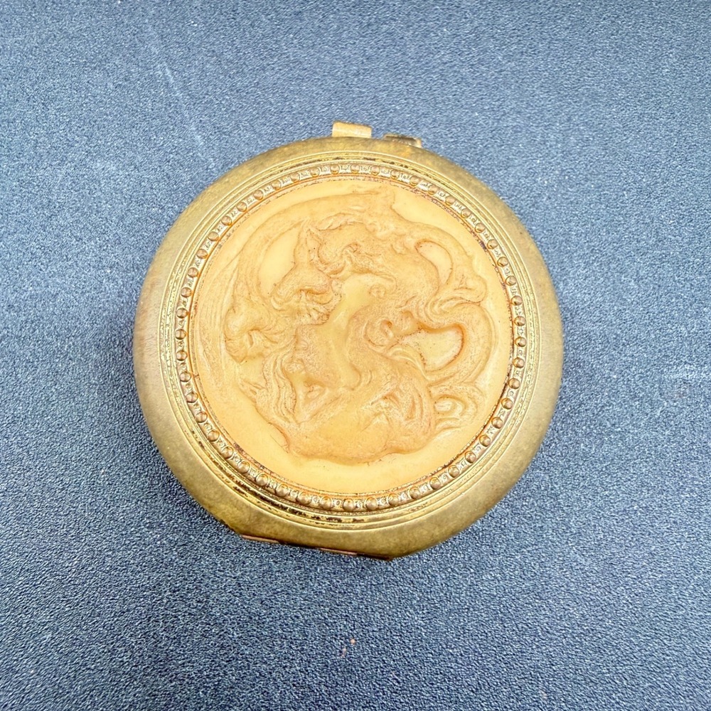 Vintage Coty Airspun Powder Compact Brass Dragon Celluloid Cameo Makeup Case 2"